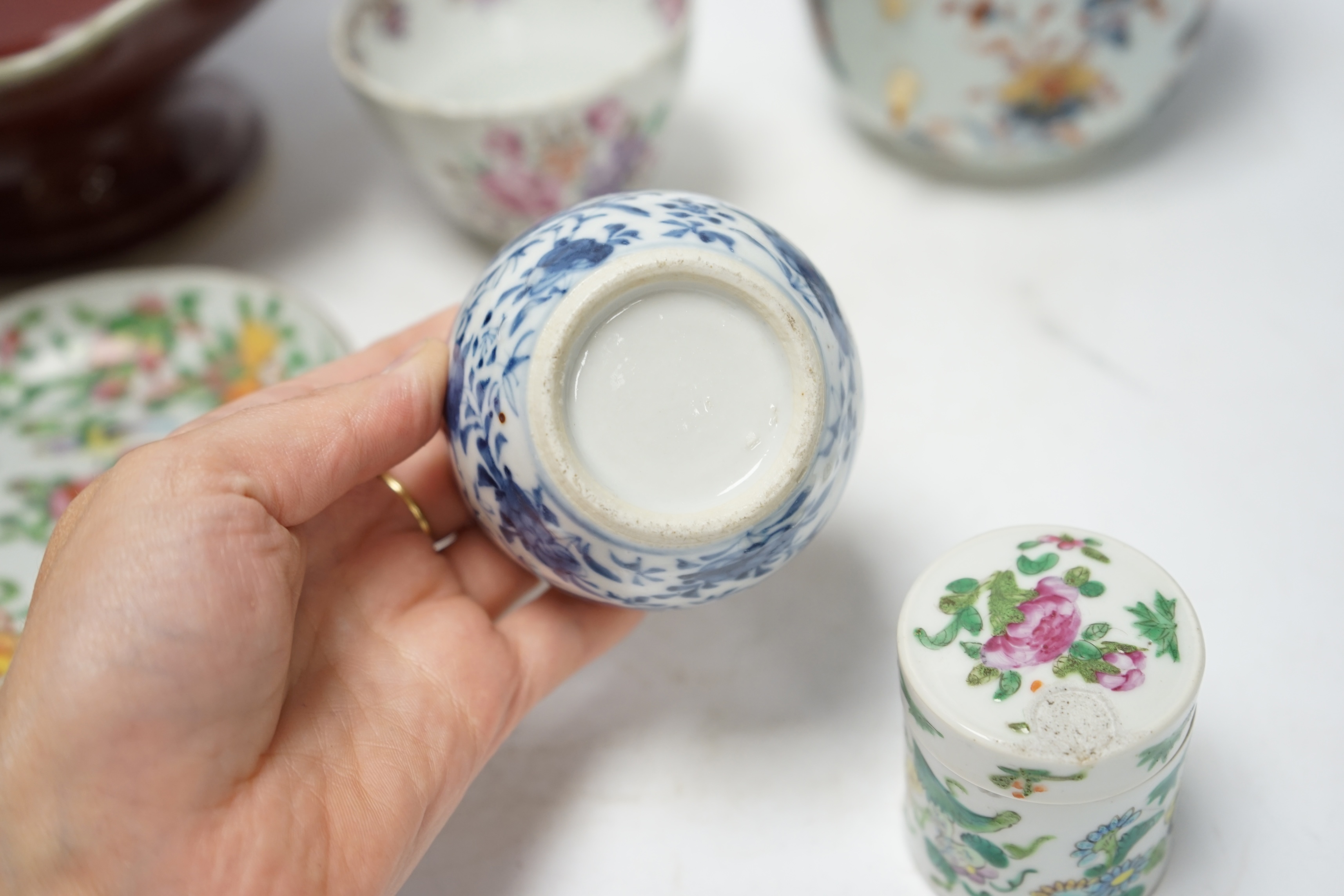Chinese ceramics to include a sang de boeuf pedestal bowl and a famille rose dish, 20cm diameter. Condition - pedestal dish and one other good, others poor